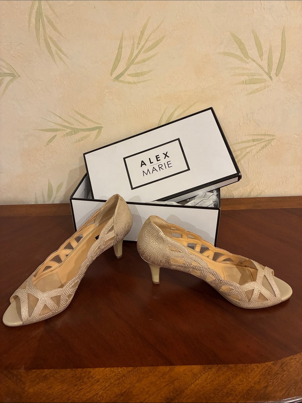 Alex Marie Metallic Gold Cutout Peep-Toe Kitten Heels